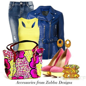 Large African Print Tote Pink And Yellow Print With leather Straps - Zabba Designs African Clothing Store