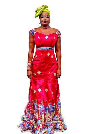 Red Lace And Satin Evening Dress - Zabba Designs African Clothing Store