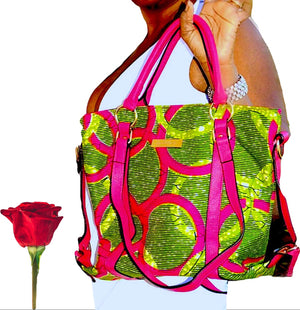 Elegant African Print Fashion Handbag With Leather Straps Green - Zabba Designs African Clothing Store