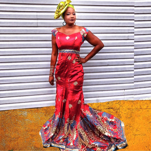 Red Lace And Satin Evening Dress - Zabba Designs African Clothing Store
