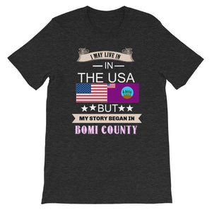 I Live In The USA But My Story Began In Bomi County T-Shirt - Zabba Designs African Clothing Store